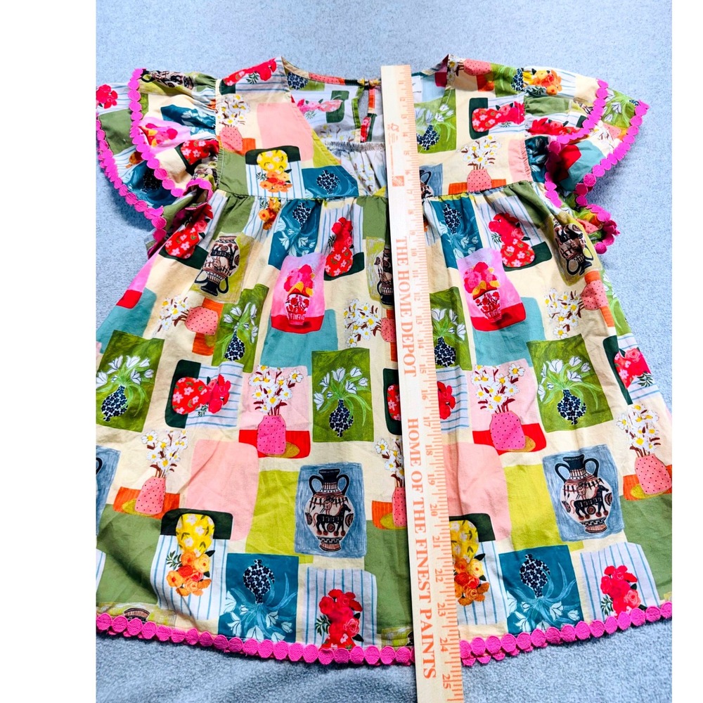 Entro Women's Large Floral Vase Print Babydoll Top Pink Pom Pom Trim Boho Blouse - Picture 9 of 10